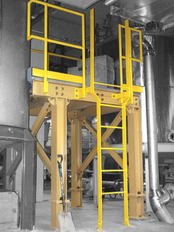 Industrial walkway fabrication with guardrails, staircases and ladders
